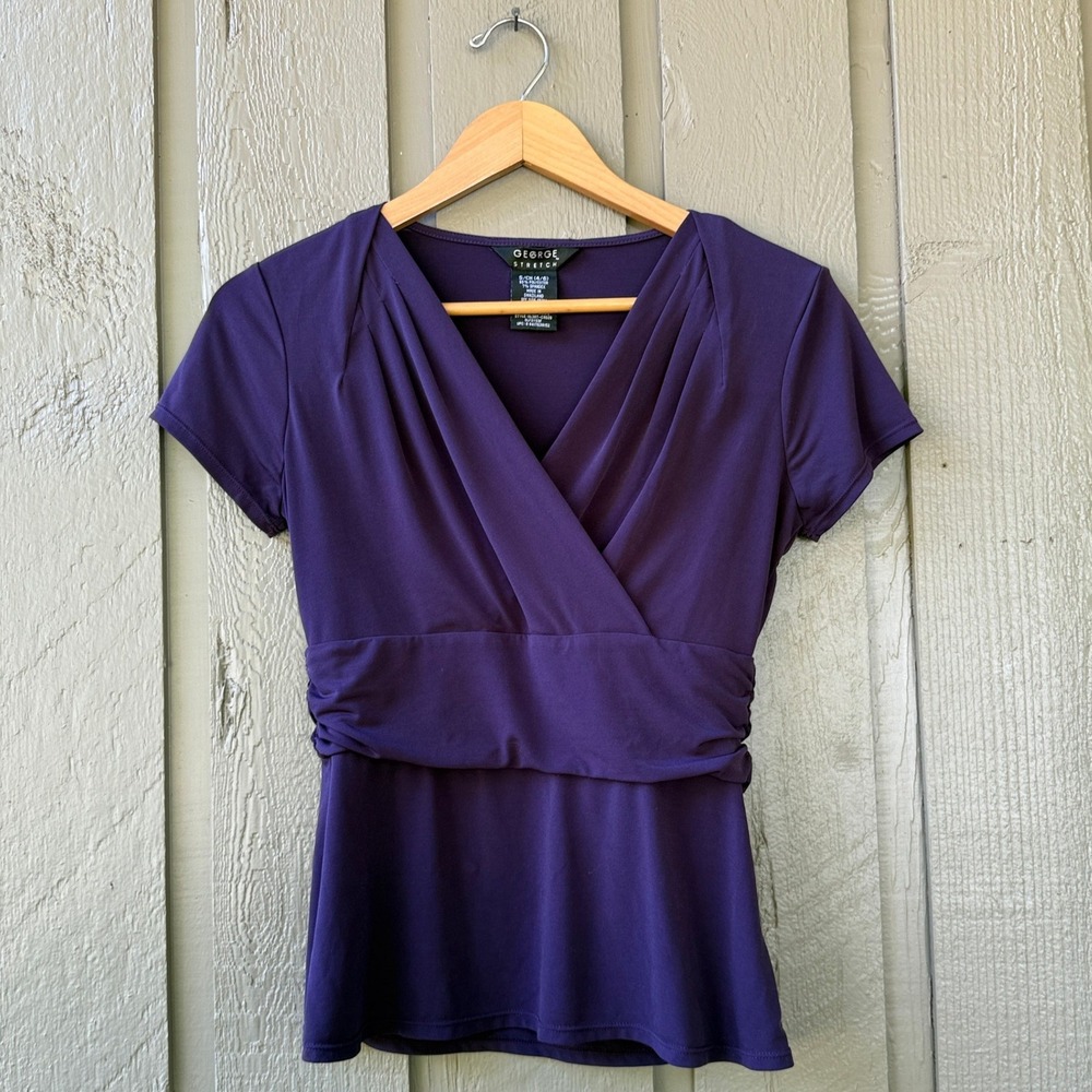George Faux Wrap Top Womens Small 4/6 Deep Grape Purple Stretch Surplice V-Neck